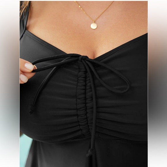 BloomChic Plus Size Laser Cut Ruched Drawstring A Line Swim Dress - Picture 6 of 7